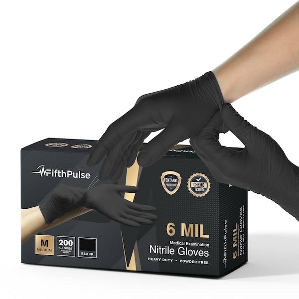Fifthpulse Disposable Gloves, 6 mil Palm, Nitrile, Powder-Free, Medium, 200 PK, Black - FMN100711