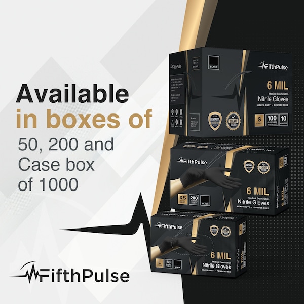 Fifthpulse Disposable Gloves, 6 mil Palm, Nitrile, Powder-Free, Medium, 200 PK, Black - FMN100711