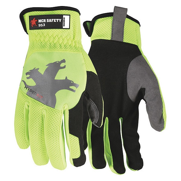 Mcr Safety 953 Mechanics Gloves, Synthetic Leather Palm, SpandexÂ® Back, L, Black/Gray/High-Visibility Lime - 953L