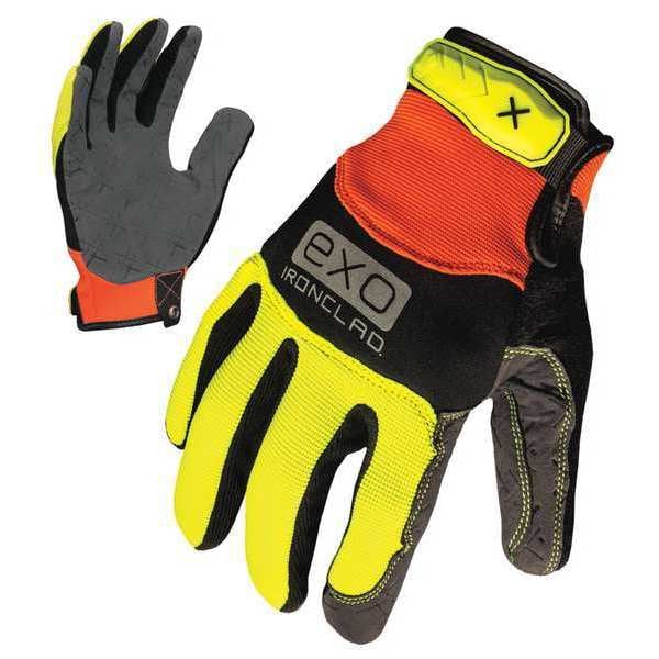 Ironclad Performance Wear EXO Hi-Vis Mechanics Gloves, Embossed Synthetic Leather Palm, Polyester Back, XL, Orange/Yellow - EXO2-HVP-05-XL