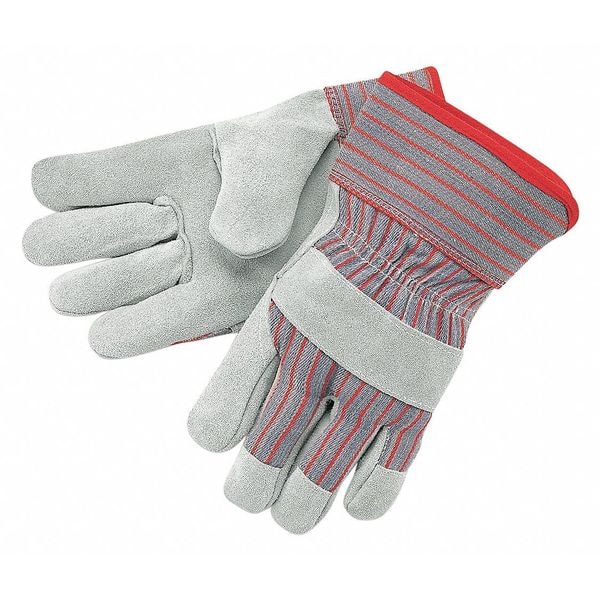 Mcr Safety Leather Palm Gloves, Cowhide, Gunn Cut, Wing Thumb, Safety Cuff, Gray/Red, L, 1 PR - 1200