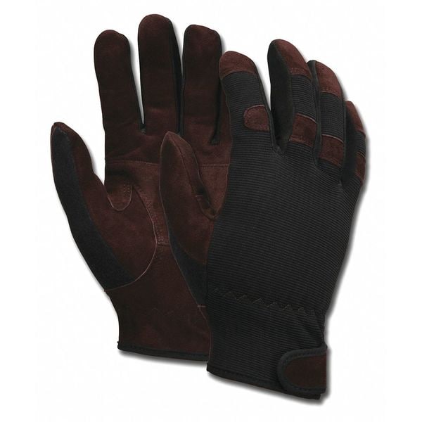 Mcr Safety Mechanics Gloves, Cowhide, Spandex(R), Hook-and-Loop Cuff, Full Finger, Black/Brown, XL, 12 PK - 920XL