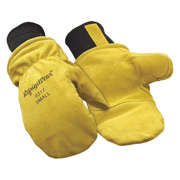 Refrigiwear Cold Protection Mitt Gloves, Cowhide, Knit Cuff, Wing Thumb, Yellow / Yellow, S, 1 PR - 0317RGLDSML