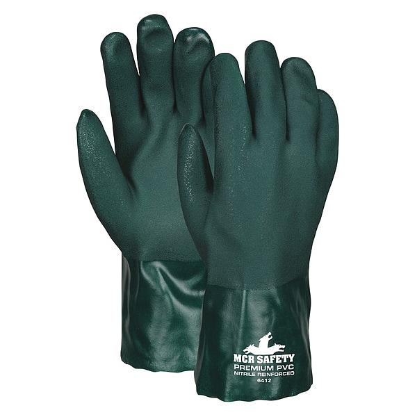 Mcr Safety 6412 Chemical Resistant Gloves, PVC, 12 in L, Not Rated, Green, L, 12 PK - 6412