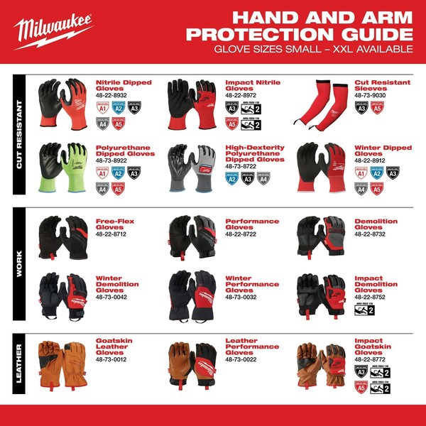 Milwaukee Tool Impact Cut Level 3, Goatskin Leather Glov, Goatskin, Shirred Slip-On Cuff, Keystone Thumb, S - 48-22-8770
