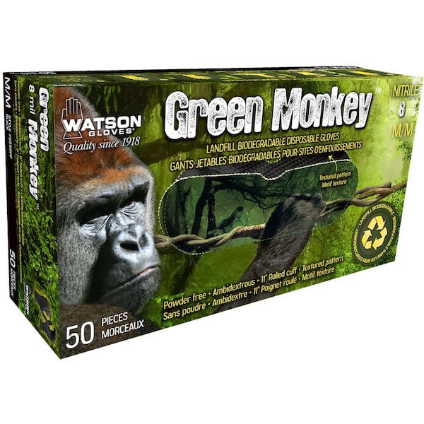 Watson Gloves Green Monkey, Disposable Gloves, 8 mil Palm, Biodegradable Nitrile, Powder-Free, XL, 50 PK, Black - 5558PF-X