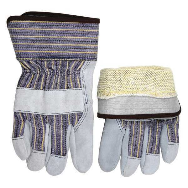 Mcr Safety Leather Gloves, Cowhide, Safety Cuff, Wing Thumb, Gray (Palm), Blue/Yellow/Black Stripe (Fabric), L - 1400KL
