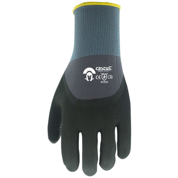 Cestus Nitrile Coated Gloves, Nitrile Foam, Dots, 3/4 Dip Over Knuckles, 4 Abrasion Level, Black, 2XL 1 PR - C12-2XL