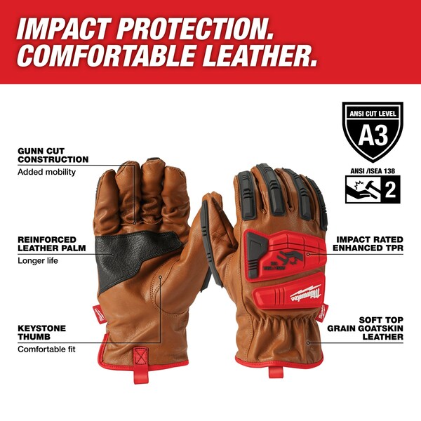 Milwaukee Tool Work Gloves, Shirred Slip-On Cuff, Keystone Thumb, Black/Brown/Red, L (9) - 48-22-8772