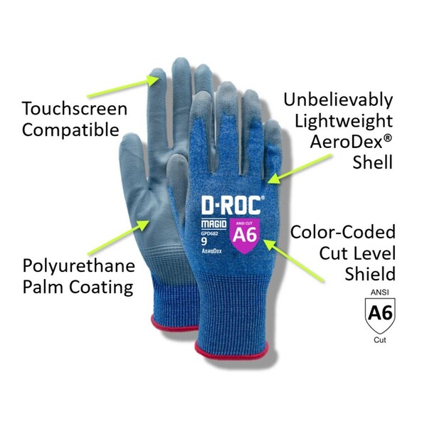 Magid Cut Resistant Gloves, Polyurethane, 5 Abrasion Level, Gray, 1 PR - GPD682-6