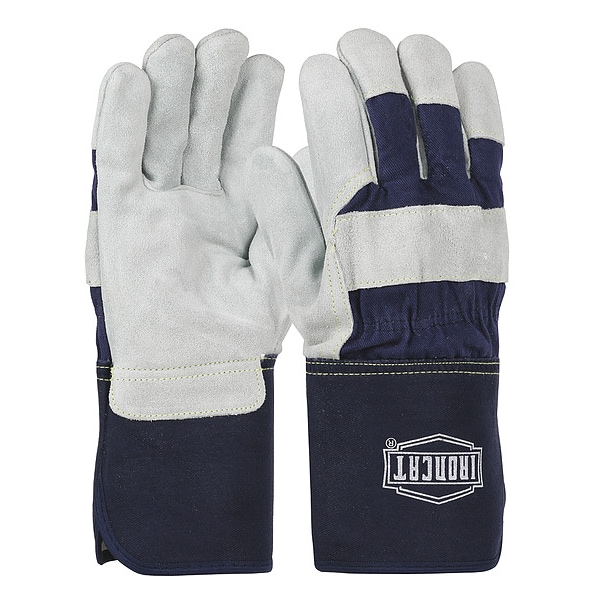 Ironcat Leather Gloves, Cowhide, Gauntlet Cuff, Wing Thumb, Full Finger, Blue, M, 12 PK - IC8
