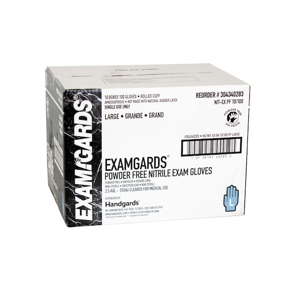 Examgards Disposable Gloves, Nitrile, Powder-Free, L, 1000 PK, Black - 304340283