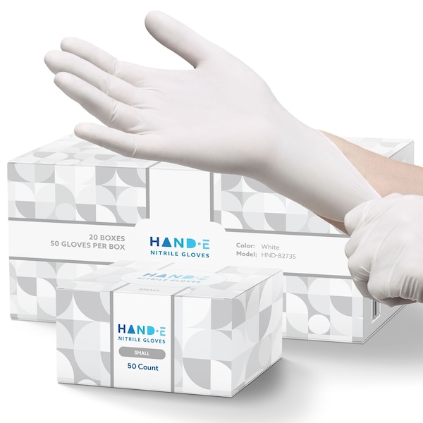Hand-E Disposable Gloves, 3 mil Palm, Nitrile, Powder-Free, S, 20 PK, White - HND-82735