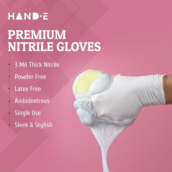 Hand-E Disposable Gloves, 3 mil Palm, Nitrile, Powder-Free, S, 20 PK, White - HND-82735