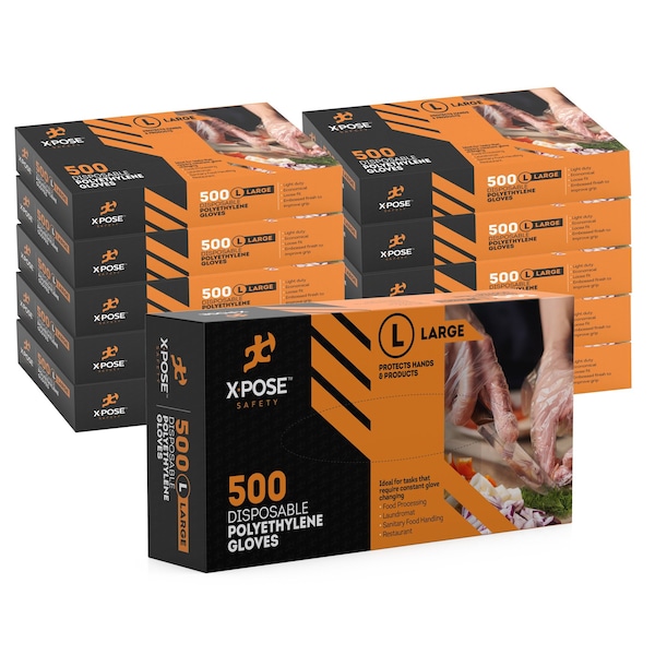 Xpose Safety PG500, Disposable Gloves, Poly, Powder-Free, L, 10 PK, Clear - PG500L-10-X-S