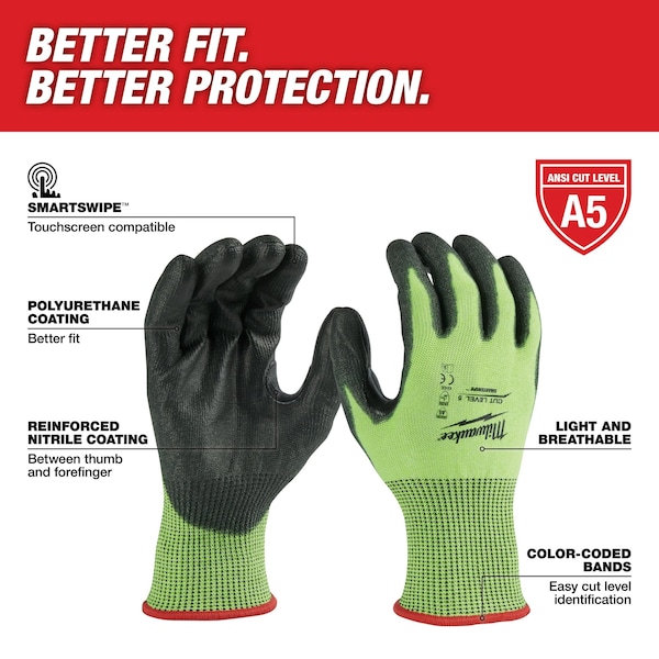 Milwaukee Tool Hi-Vis Cut Resistant Coated Gloves, , Smooth Palm, Knit, Lime, 12 PK - 48-73-8953B