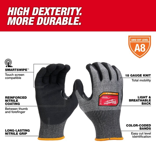 Milwaukee Tool Cut Protection Dipped Gloves, Nitrile, Sandy Nitrile, Palm and Fingertips, Gray, , L 1 PR - 48-73-7022