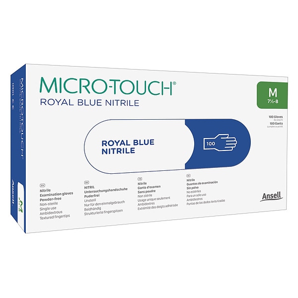 Micro-Touch Micro-Touch, Disposable Gloves, 3.1 mil Palm, Nitrile, Powder-Free, M, 100 PK, Blue - 313029
