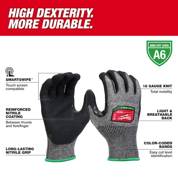 Milwaukee Tool Cut Protection Dipped Gloves, Nitrile, Sandy Nitrile, Palm and Fingertips, Gray, , L 1 PR - 48-73-7002