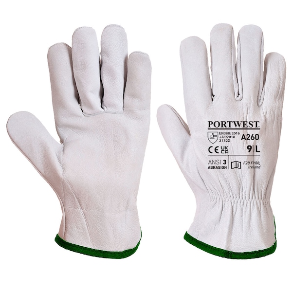 Portwest Oves Driver Gloves, Goatskin, Elastic Wrist, Wing Thumb, Abrasion Level 3, Gray, L - A260