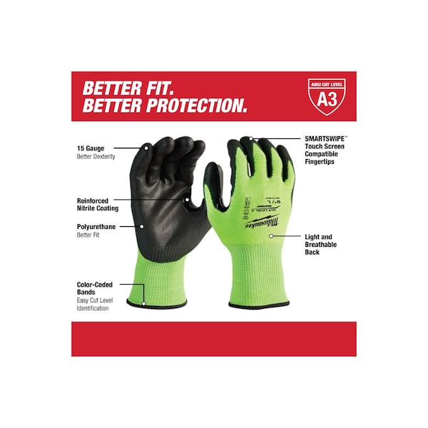 Milwaukee Tool 12PK High Visibility Cut Level 3 Polyurethane Dipped Gloves - XL - 48-73-8933B