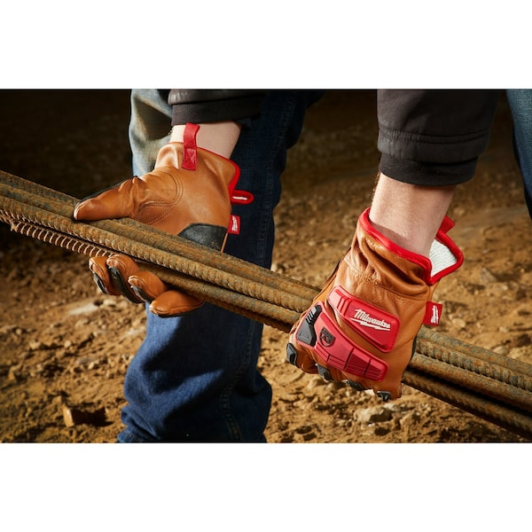 Milwaukee Tool Work Gloves, Goatskin, Shirred Slip-On Cuff, Keystone Thumb, Full Finger, Black/Brown/Red - 48-22-8773