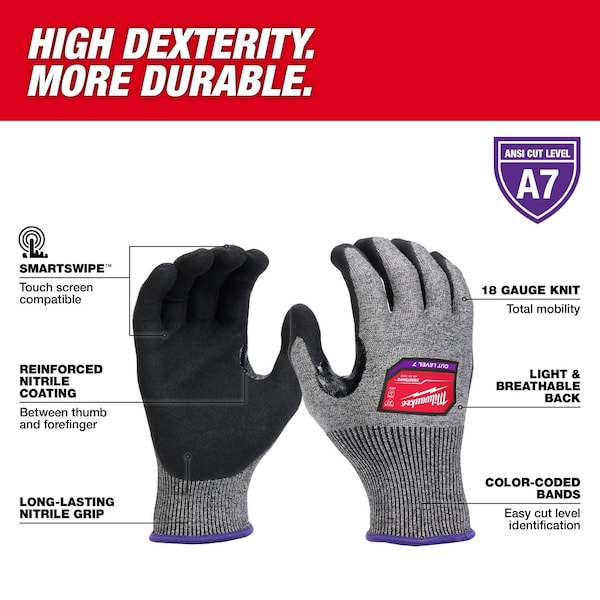 Milwaukee Tool Cut Protection Dipped Gloves, , Sandy Nitrile Palm and Fingertips, Elastic/Knit, Gray, 12 PK - 48-73-7014B