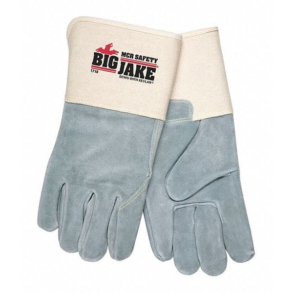 Mcr Safety Leather Gloves, Cowhide, Gauntlet Cuff, Wing Thumb, Full Finger, Gray, XL, 12 PK - 1718