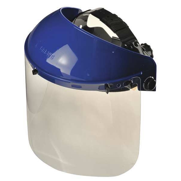 Mcr Safety Ratchet Face Shield Assembly, PETG, Uncoated, Clear Visor, Blue, 8 in Visor Height - 9TZ55