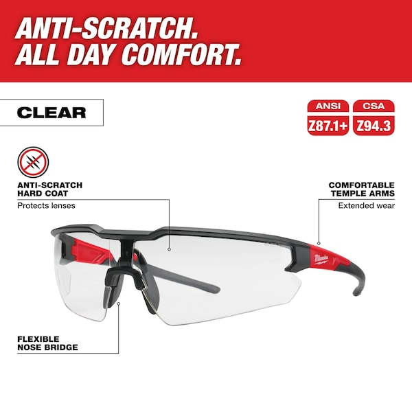 Milwaukee Tool Safety Glasses Anti-Scratch, Clear Lens, Half-Frame, Wraparound - 48-73-2011