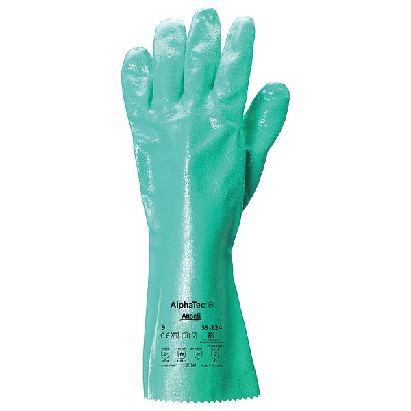 Ansell Chemical Resistant Gloves, Nitrile, 14 in L, 47 mil, Green, 10, 1 PR - 39-124