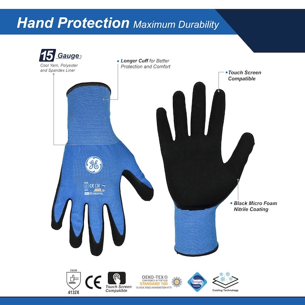 Ge Coated Gloves, Foam Nitrile, Black/Blue, XL - GG231XLC