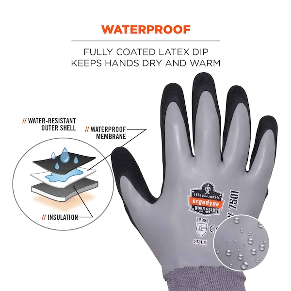 Ergodyne Gray Coated Waterproof Winter Work Gloves, XL, PK144 - 7501-CASE