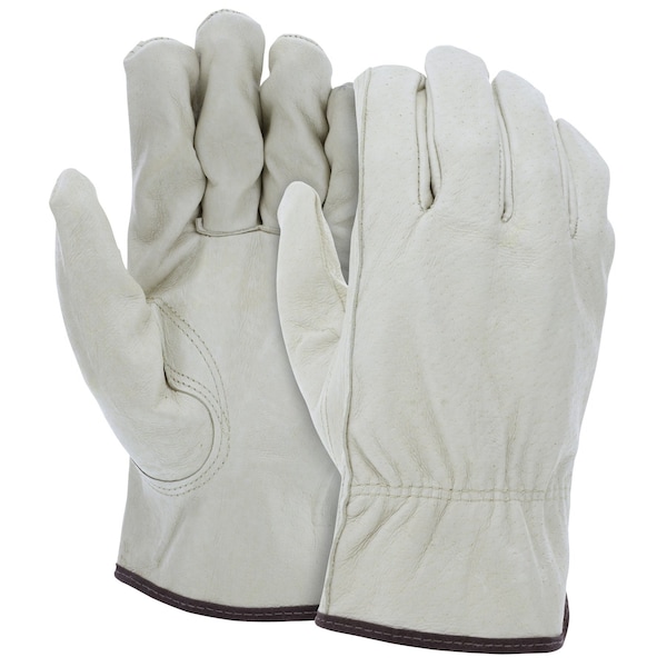 Mcr Safety Leather Drivers Gloves, Pigskin, Shirred Slip-On, Keystone Thumb, Gunn Cut, Beige, 4XL 12 PK - 3401XXXXL