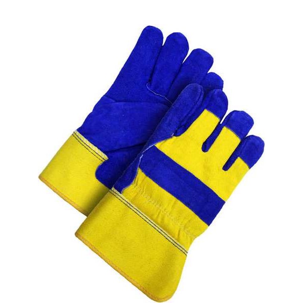 Bdg Leather Gloves, Cowhide, Safety Cuff, Wing Thumb, Full Finger, Blue / Yellow, XL, 1 PR - 30-9-373-A-XL