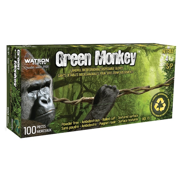 Watson Gloves Green Monkey, Disposable Gloves, 4 mil Palm, Biodegradable Nitrile, Powder-Free, L, 50 PK, Green - 5559PF-L