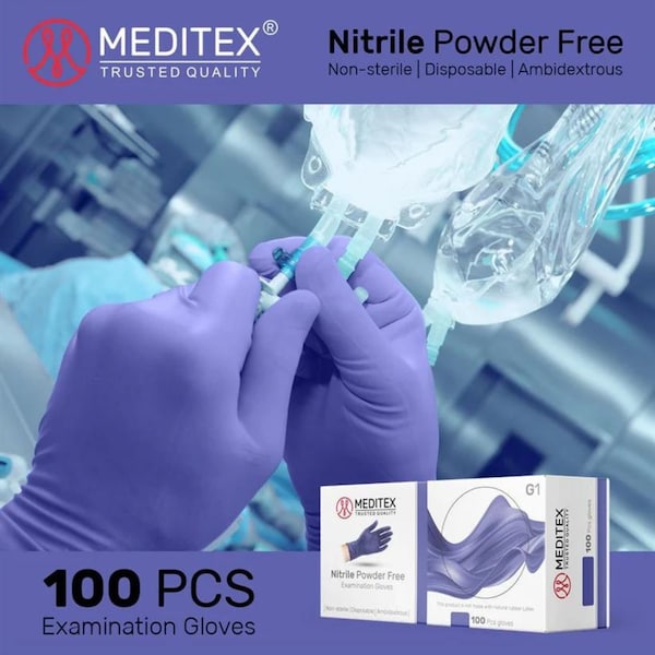 Meditex G1, Disposable Gloves, 4 mil Palm, Nitrile, Powder-Free, M, 1000 PK, Blue - MD-BLU-G1-M