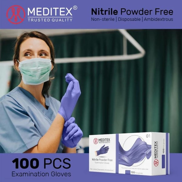 Meditex G1, Disposable Gloves, 4 mil Palm, Nitrile, Powder-Free, M, 1000 PK, Blue - MD-BLU-G1-M