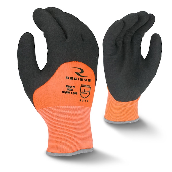 Radians Hi-Vis Cold Protection Coated Gloves, 7 Ga Acrylic Terry Liner Lining, Orange, S - RWG17S