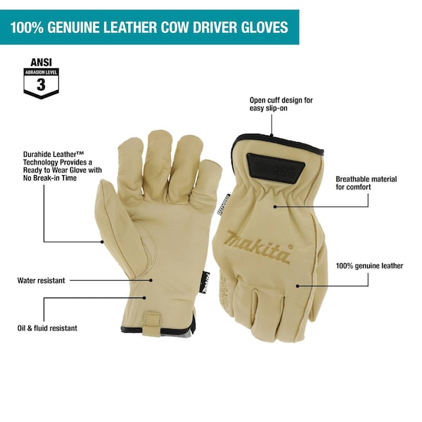 Makita Genuine Leather Cow Driver Gloves, M - T-04189