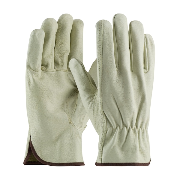 Pip Leather Drivers Gloves, Pigskin, Shirred Slip-On, Keystone Thumb, Gunn Cut, Beige, L 12 PK - 70-361/L