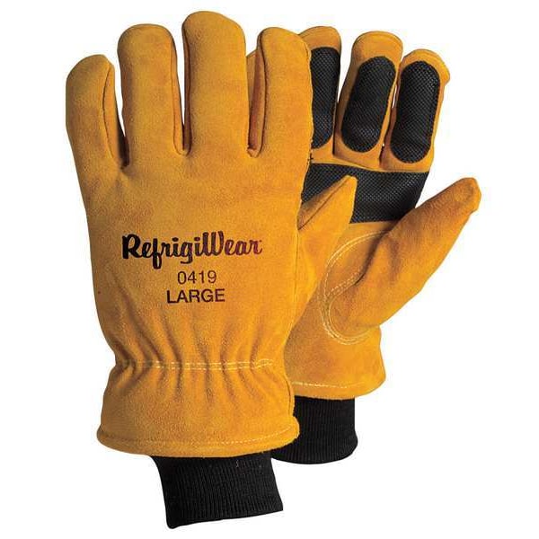 Refrigiwear Cold Protection Gloves, Split Cowhide Leather Palm, Knit Cuff, Gold, 1 PR - 0419RGLDXLG