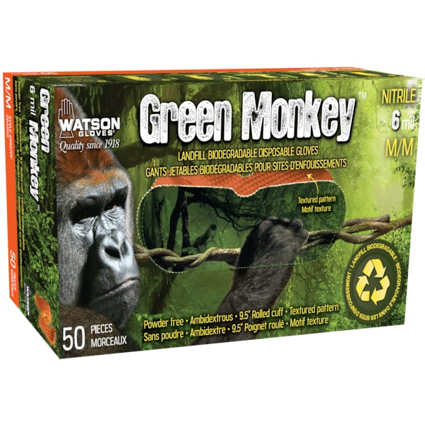 Watson Gloves Green Monkey, Disposable Gloves, 6 mil Palm , Biodegradable Nitrile, Powder-Free, 50 PK, Orange - 5557PF-M