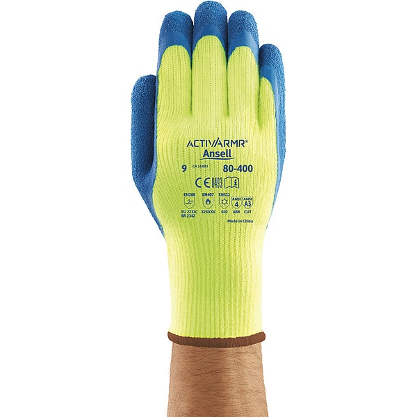 Ansell Hi-Vis Cut-Resistant Coated Gloves, Cut Level A3 , Dipped , Natural Rubber Latex , Rough , M 1 PR - 80-400