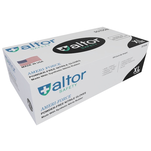 Altor Safety Disposable Gloves, 6 mil Palm, Nitrile, Powder-Free, XL, 100 PK, Black - 30150B