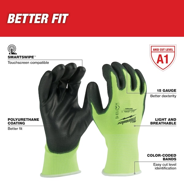 Milwaukee Tool High Visibility Cut Level 1 Polyurethane Dipped Gloves - X-Large, Smooth, Palm, Knit, Lime - 48-73-8913