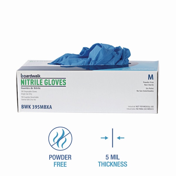 Boardwalk 395 Series, Disposable Gloves, 5 mil Palm, Nitrile, Powder-Free, M, 100 PK, Blue - 395MBXA