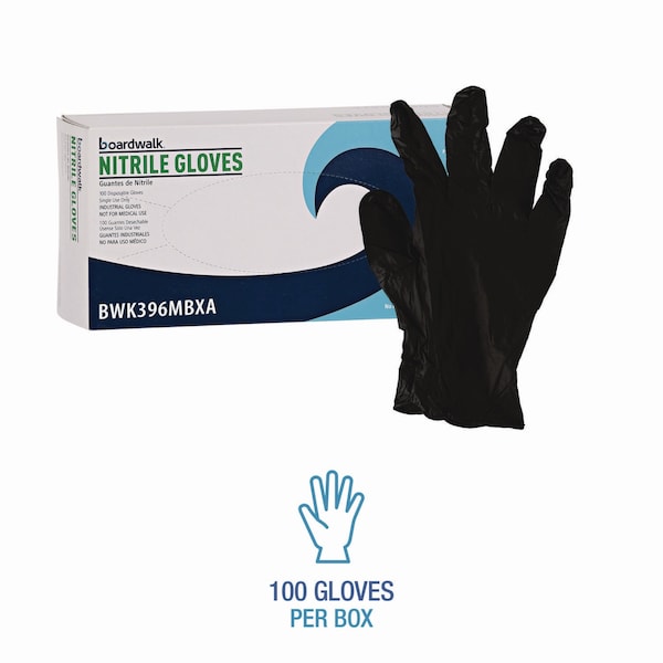Boardwalk 396 Series, Disposable Gloves, 4.4 mil Palm, Nitrile, Powder-Free, M, 100 PK, Black - BWK396MBX
