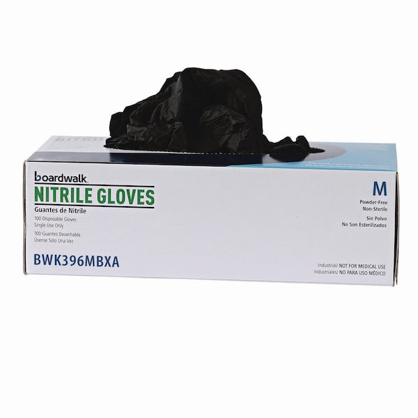 Boardwalk 396 Series, Disposable Gloves, 4.4 mil Palm, Nitrile, Powder-Free, M, 100 PK, Black - BWK396MBX