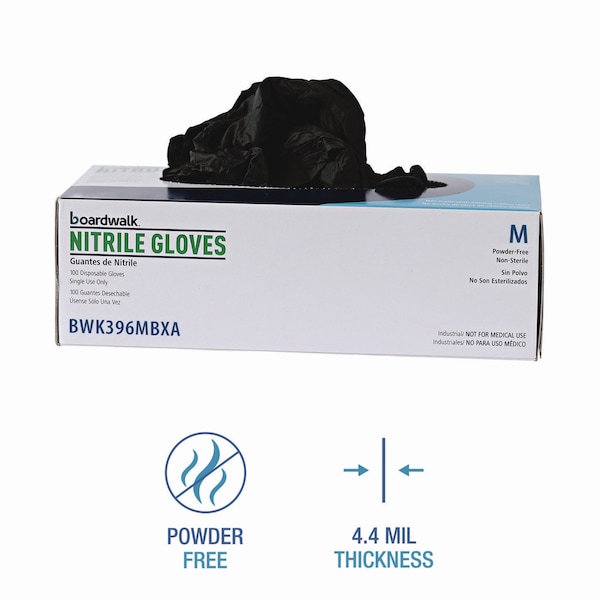 Boardwalk 396 Series, Disposable Gloves, 4.4 mil Palm, Nitrile, Powder-Free, M, 100 PK, Black - BWK396MBX
